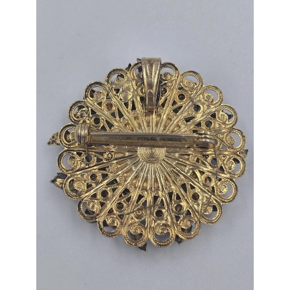 Vintage Gold Tone Filigree Black Cabochon Faux Pearl Mourning Brooch Pin Pendant